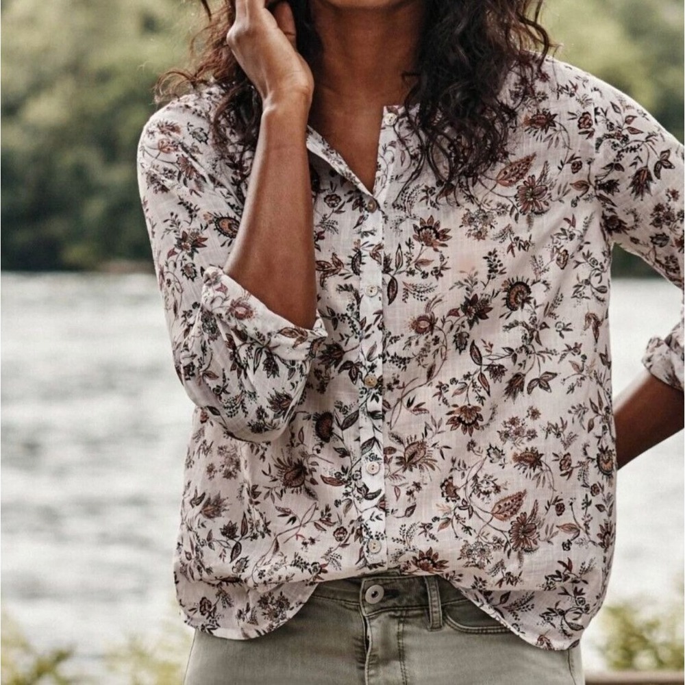 J Jill Womens Plus 2X Floral Button Up Cotton Blouse Long Sleeve Lightweight Top